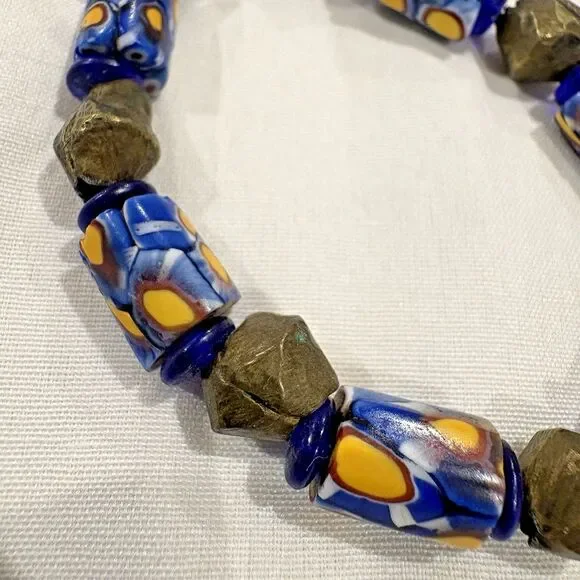 Bracelet Venetian Millefiori Glass African Trade Beads Yellow Blue Cylindrical - Picture 5 of 12